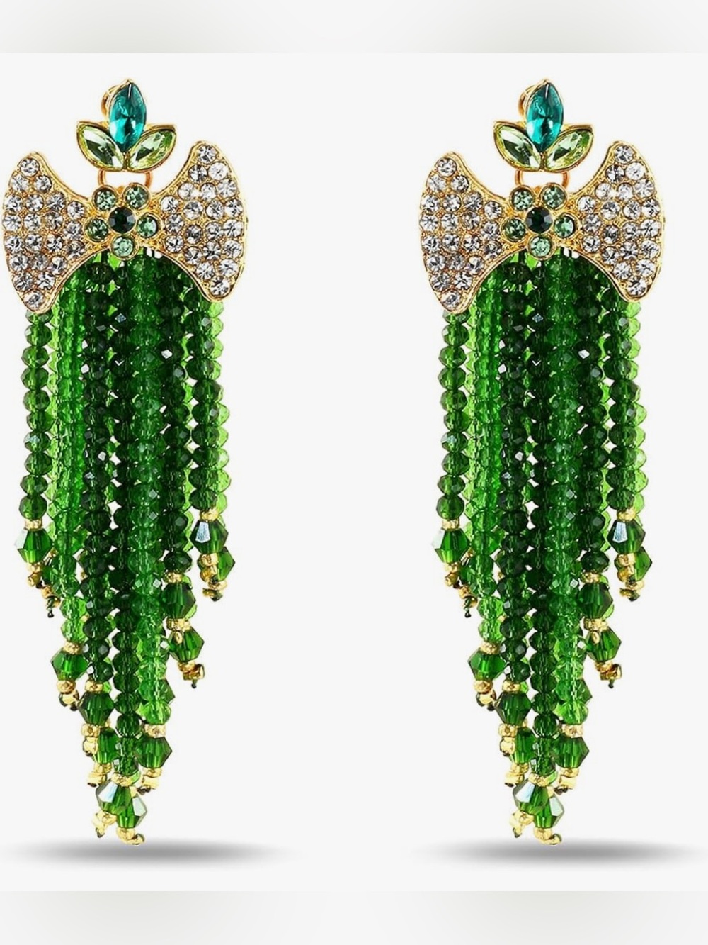 Gorgeous Neiman Marcus Green Beaded Crystal Flapper Dangle earrings